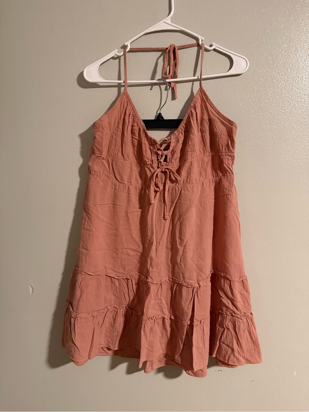 SHEIN Blush Pink Lace-Up Halter Tiered Mini Dress Size L